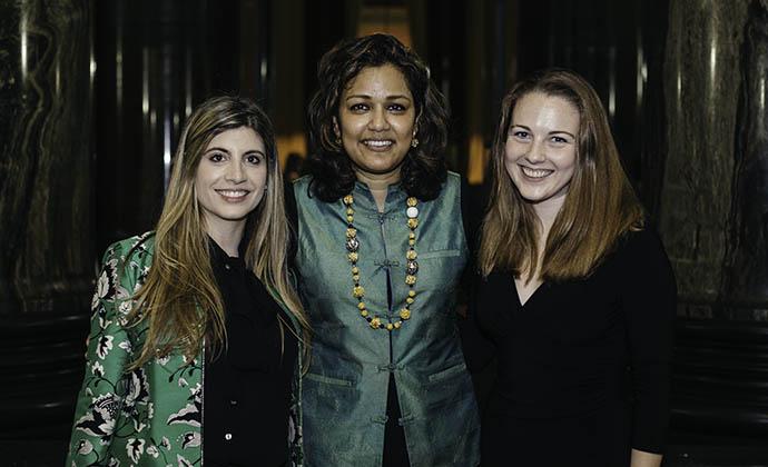 (Left to right) Fabiola Urdaneta ’19, Anika Rahman ’90, and Allison Pearl ’19 at the 38th Annual Myra Bradwell Banquet