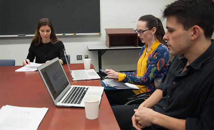 Professor Jessica Bulman-Pozen, left, with Jessica Bernhardt '19 and Luke Rebecchi '18, both students in the practicum.