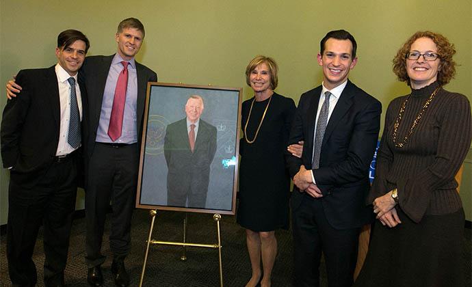 The Goldschmid family: Charles '04, Paul '05 , Mary and Joseph '14 with Dean Gillian Lester