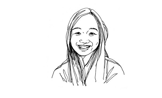 A line drawing of a smiling Laura Zhang
