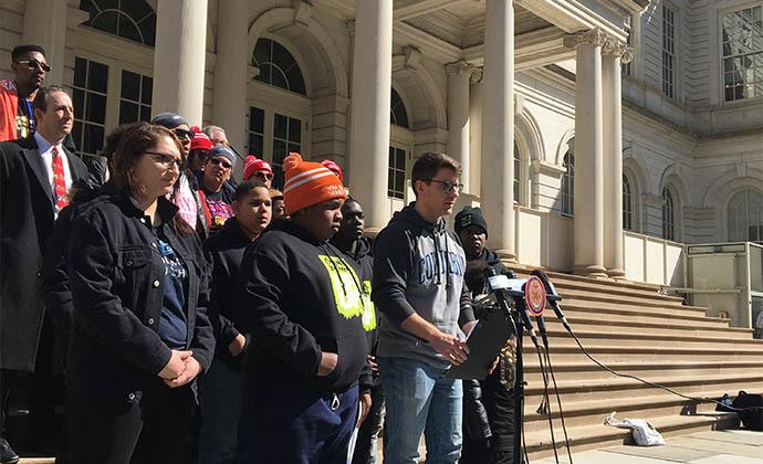 Alex Clavering ’20 speaking at a press conference at New York's City Hall.