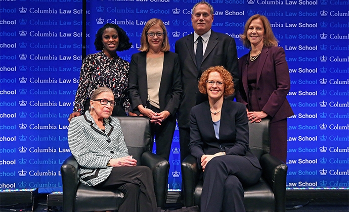 (First row) Justice Ginsburg and Dean Gillian Lester; (second row) Professor Olatunde Johnson, Professor Gillian Metzger, Lee Gelernt ’88, and Nancy Northup ’88 