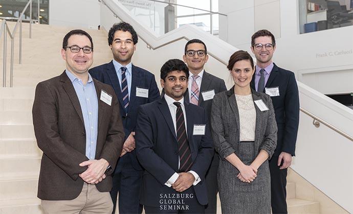 (Left to right) Professor Matthew Waxman, Haris Durrani, Julian Ranetunge, Fabian Augusto Zetina Vasquez, Kathryn Witchger, and Jacob (Jake) Bogart — Photo: Salzburg Global Seminar/Tom Hausman