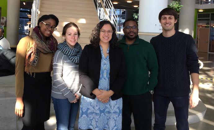 (Left to right) Gelsey Beaubrun ’20, Esther Portyansky ’20, KIND Baltimore Managing Attorney Elisabeth Lopez,  Will Omorogieva ’19, and Paul Barker ’19