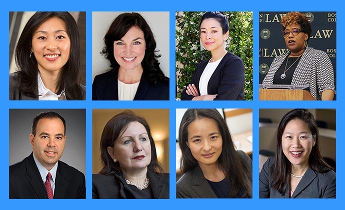 Portraits of Visiting professors Crystal Yang, Emily Benfer, Karen Tani, Lynnise Pantin, Colleen Chien, Sarah Seo, Seyla Benhabib, and Paul Radvany