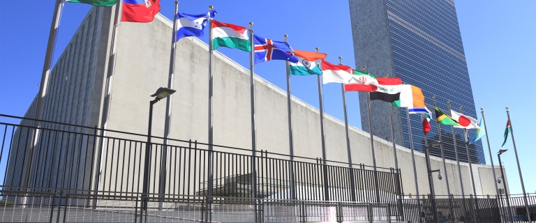 A row of various countries' flags outside the United Nations building.