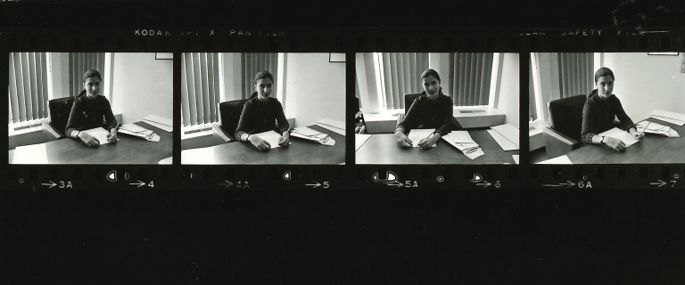 Ruth Bader Ginsburg sits at her desk at Columbia in the 1970s as a professor.