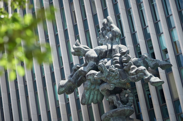 Bellerophon Taming Pegasus sculpture in front of Jerome Greene Hall