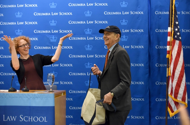 Columbia Law School Dean Gillian Lester presents Justice Breyer with a parting gift on behalf of the Law School community at the annual Friedmann Conference.