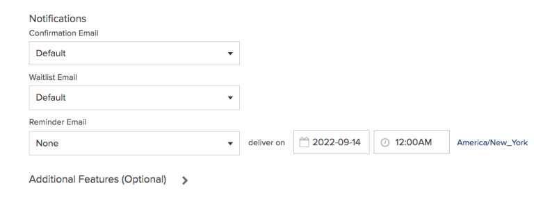 NOTIFICATIONS available includes confirmation email, waitlist email, and reminder email