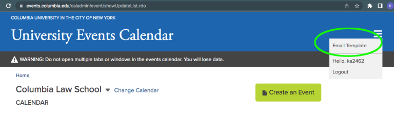 Email template circled in green in upper right corner of calendar page