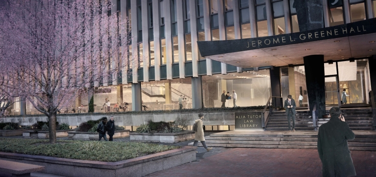 Rendering of a plaza with a tree in bloom and the exterior of the law school  