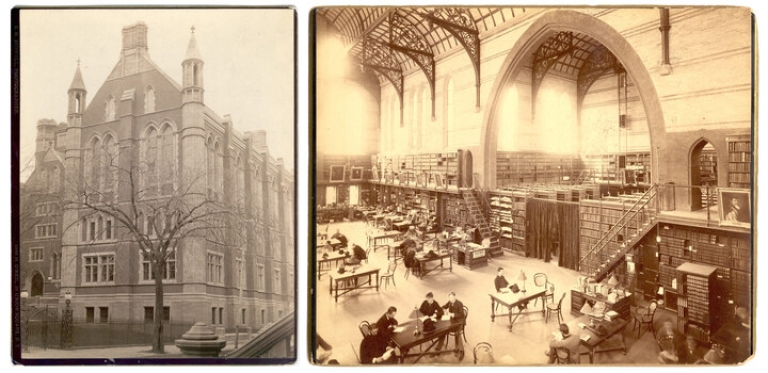 Exterior and Interior photos of Columbia Law Library circa 1890