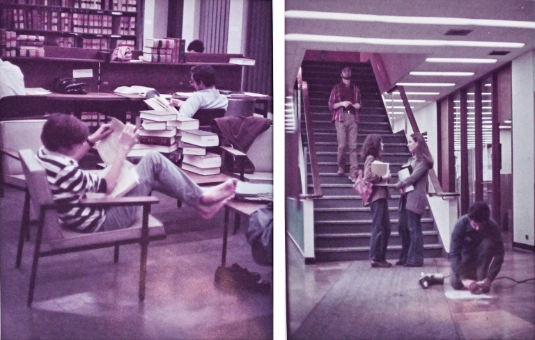 Faded color photo of student with bare feet on a chair and students by staircase in old Jerome Greene Hall library.