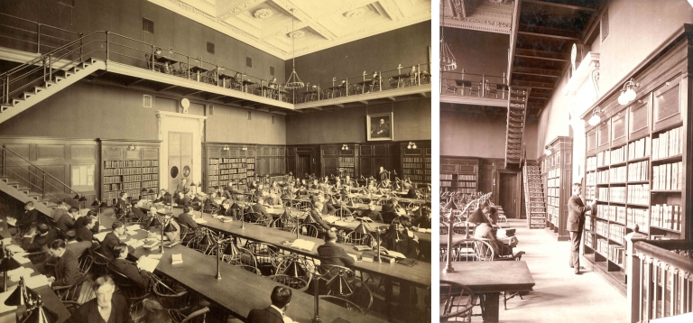 Two black and white photos side by side or reading rooms at Low Library at Columbia University