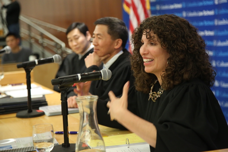 2023 Harlan Fiske Stone Moot Court finals with (left to right) Judges Justice Goodwin H. Liu (Supreme Court of California), Judge Michael H. Park (U.S. Court of Appeals for the 2nd Circuit), and Judge Myrna Pérez ’03 (U.S. Court of Appeals for the 2nd Circuit). 