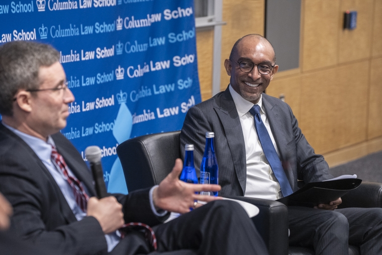 Dean Daniel Abebe (right) speaking with Judge Brian Murphy at a fireside chat