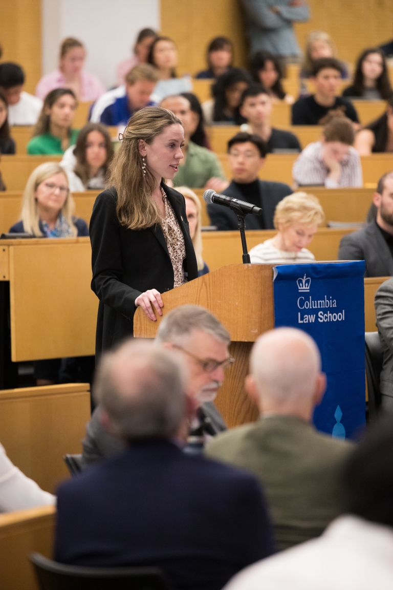 Margaret Broihier at the podium at the 2026 Harlan Fiske Stone Moot Court Competition