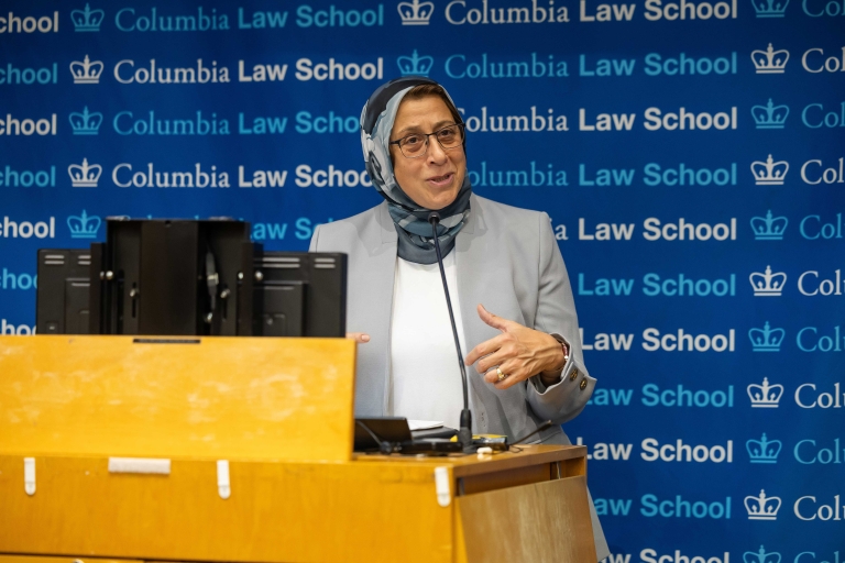 Amaney A. Jamal, Dean of the Princeton School of Public and International Affairs, speaks at a podium.
