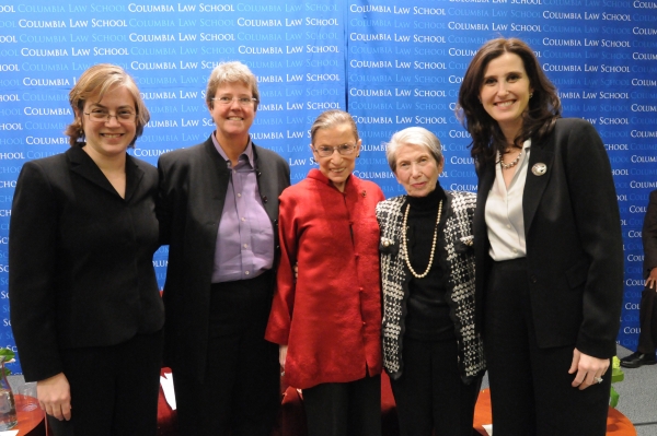 Gillian Metzger, Katherine Franke, Justice Ruth Bader Ginsburg, Ginsburg’s cousin Jacqueline Schonbrun, and Abbe Gluck (left to right)