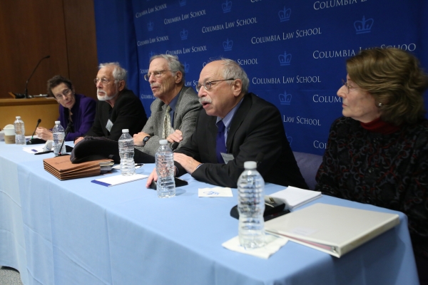 Professor Carol Liebman, George Cooper, Michael Meltsner, Philip Schrag, and Harriet Rabb ’66 speak as panelists at the 2015 clinics celebration.