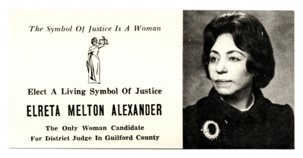 Campaign poster with text and photograph of Elreta Melton Alexander in dark jacket and circle pin
