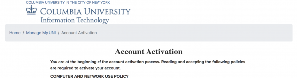 Columbia University IT Account Activation page screenshot