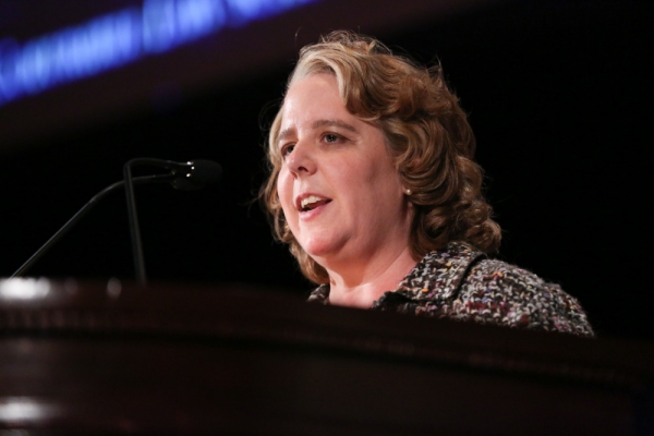 Civil rights attorney Roberta A. Kaplan ’91 speaks at the podium at the Winter Luncheon.