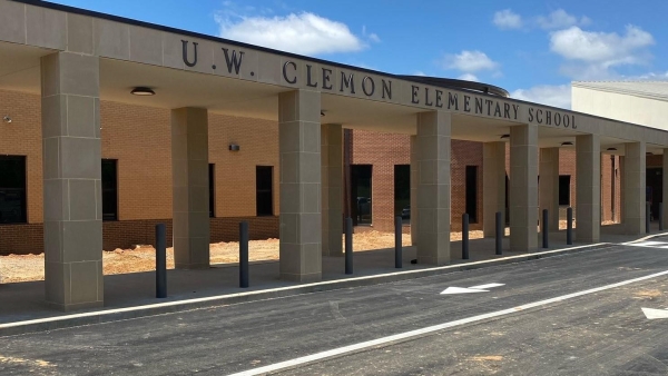 Front breezeway of school with Clemon's name on it