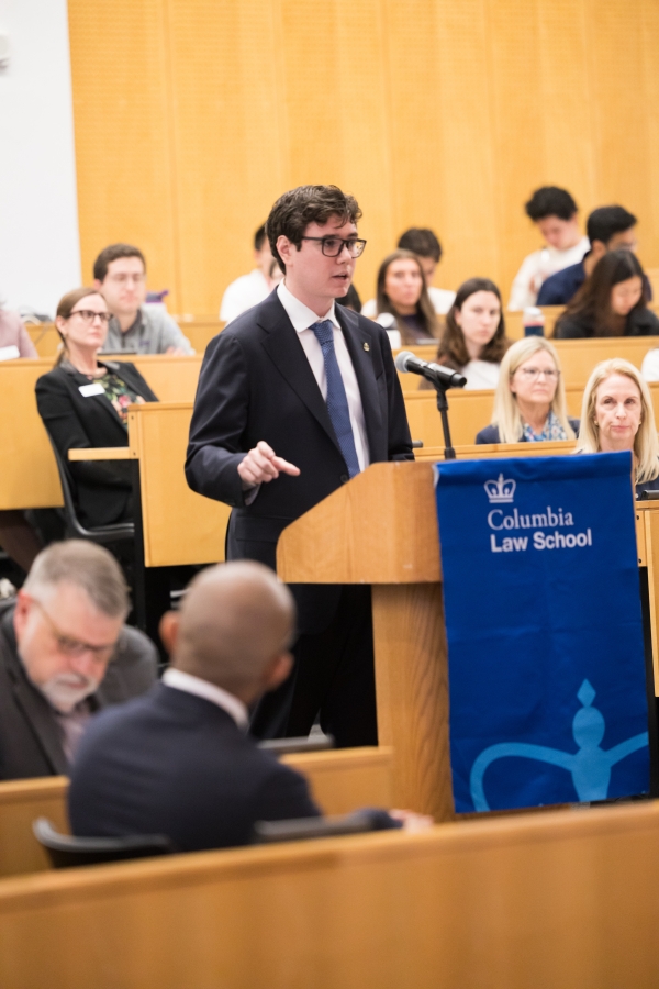 Benjamin Tutt at the podium at the 2026 Harlan Fiske Stone Moot Court Competition