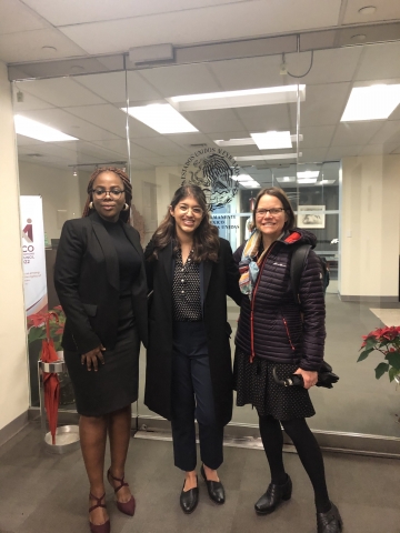 A photo of Bamisope Adeyanju LLM ’20, Aroosa Khokher ’21, and Director of HRI’s Human Rights in the U.S. Project JoAnn Kamuf Ward.