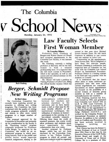 Columbia Law School news clipping announcing that Ruth Bader Ginsburg ’59 would be joining the faculty as the first woman to hold a full-time tenured professorship.