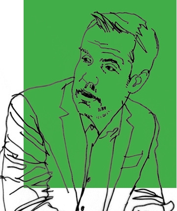 Line drawing of Eric Talley on a green background