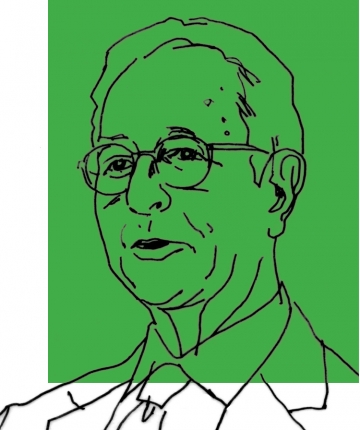 Line art drawing of Ira Millstein on a green background
