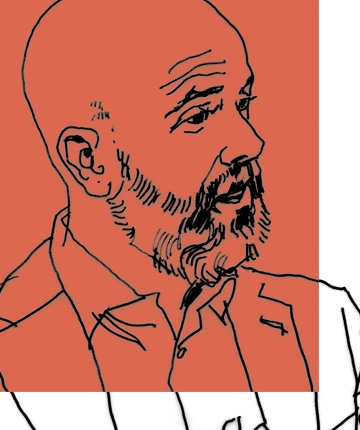 Line art drawing of Professor Ed Morrison on an orange background