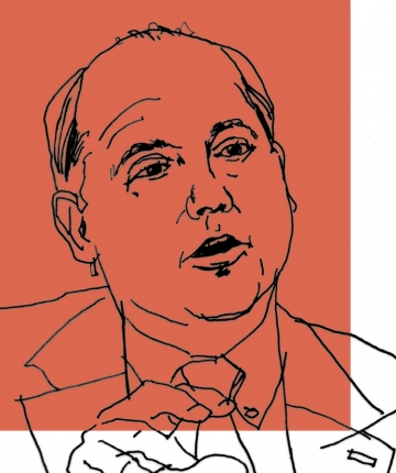 Line art drawing of Leo Strine on an orange background