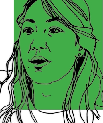 Line art drawing of Kate Waldock on a green background