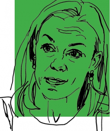 Line art drawing of Professor Anu Bradford on a green background