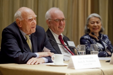 Jack B. Weinstein ’48, Judge Robert Sack ’63, and Judge Miriam Cedarbaum ’53 sitting at a table