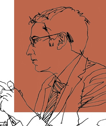 Line drawing of Professor Joshua Mitts on red background