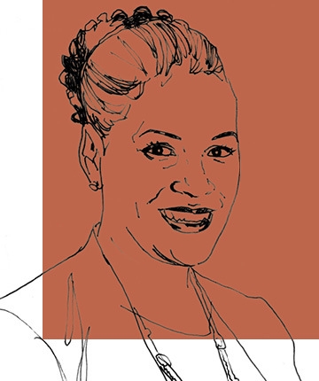 Line drawing of alumna Anne Robinson with red background