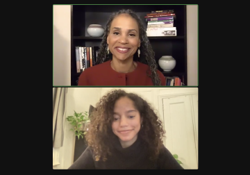 Two women in separate Zoom video boxes, both smiling. 