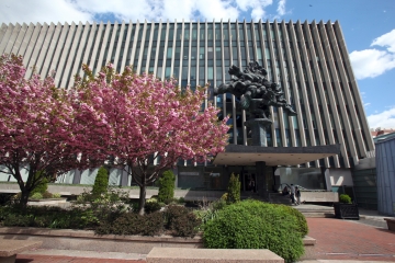 Blooming trees in front of large building and statue
