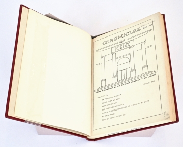 Open book with line drawing of Kent Hall