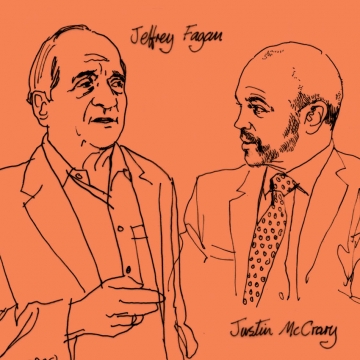 Line art drawing of professors Jeffrey Fagan and Justin McCrary