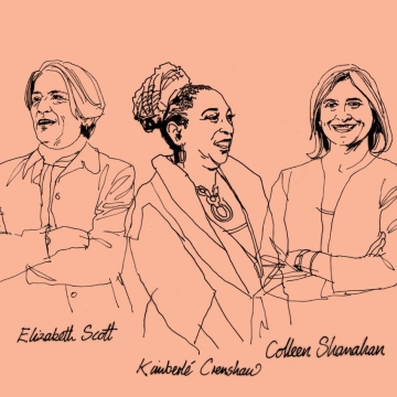 Line art drawing of professors Kimberlé Crenshaw, Elizabeth Scott, and Colleen Shanahan 